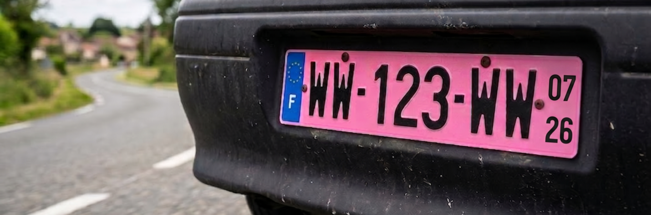 image d'une plaque rose posé sur une voiture à l'arrêt