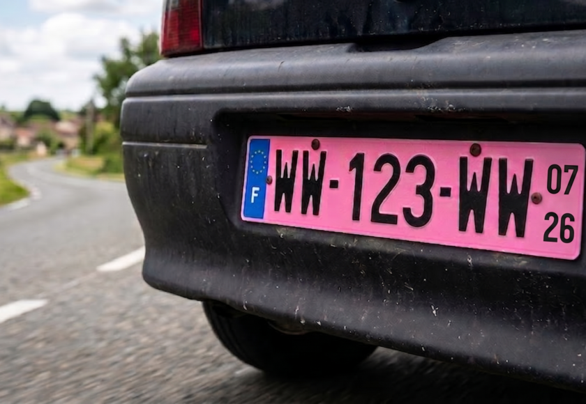 image d'une plaque rose posé sur une voiture à l'arrêt
