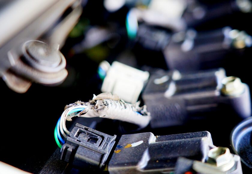 Des fils de moteur de voiture rongés par un ou plusieurs rongeurs