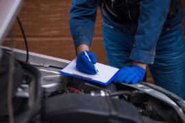 Le capot ouvert, un technicien procède au contrôle d'une voiture standard grise